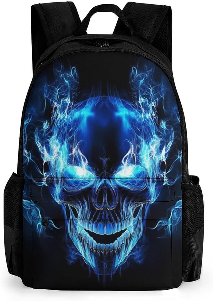 Lightweight Daypack for Camping Business Walking Cycling, Large Capacity Anti-Theft Multipurpose Bookbag, Blue Fire Flame Skull Gym Outdoor Hiking Backpack