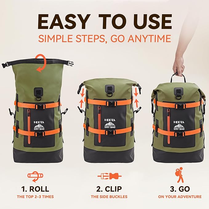 HEETA Dry Bags Waterproof Backpack 40L for Men & Women, Roll Top Heavy Duty Cushioned Hiking Backpack for Kayaking Boating Paddle Boarding Fishing Travel Camping Beach Vacation Cruise Ship Essentials