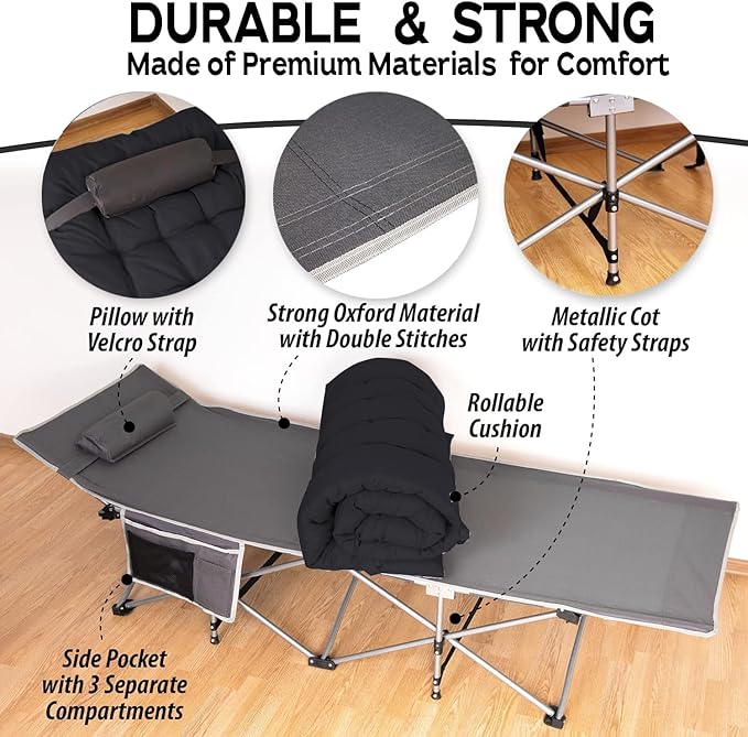 ZONETECH Folding Outdoor Camping Travel Cot and Cot Pad - Premium Quality Lightweight Portable Heavy Duty Adult & Kids w/Large Pocket and Cushion (Gray & Black, 1-Pack)