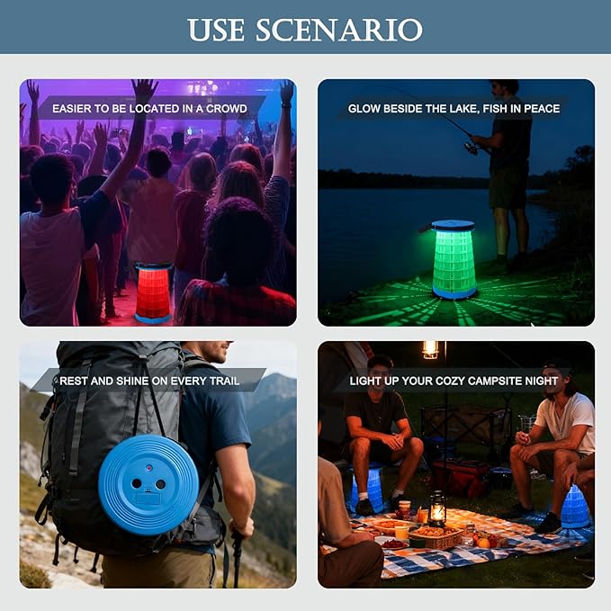 LED Telescoping Camping Stool, Lightweight Collapsible Folding Rave Stool with Built-in Light, Portable Outdoor Chair for Camping, Hiking, BBQ, Fishing, and Music Festivals