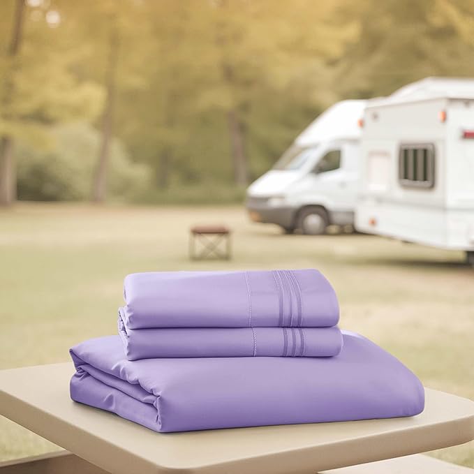 Hearth & Harbor Short Queen Sheets for RV, Lavender RV Queen Sheets, Silky Soft 1800 Microfiber Bed Sheet for Camper, 4 Piece RV Bedding with Pillowcases