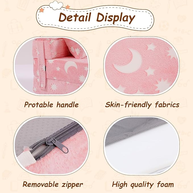 Folding Sofa Bed Floor Mattress for Kids with Pillow, Toddler Glow in Dark Washable Folding Floor Mat for Daycare, Child Foldable Futon Chair with Storage Bag for Playroom, Camping, Pink Moon