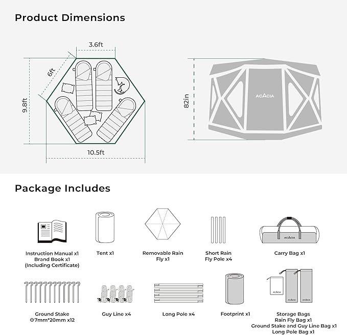 ACACIA Space Camping Tent XL, 4-6 Person Large Tent with 6'10'' Height, 2 Doors, 8 Windows, Waterproof Easy Setup Hub with Rainfly, Footprint Pop Up for Camping, Car, Glamping, Pistachio