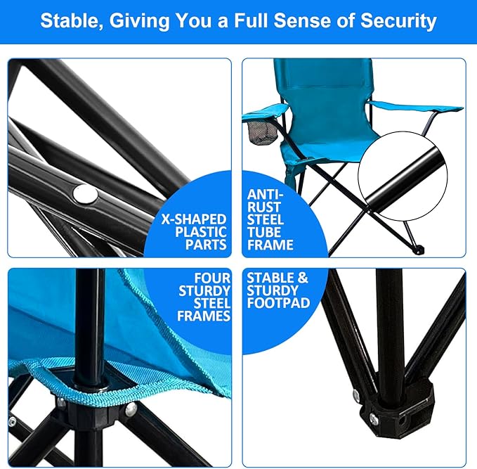 Folding Camping Chair, 225lb Capacity, Includes Cup Holder & Side Storage Bag, 5.5lbs Portable for Beach, Camping, Sport,2PCS Blue