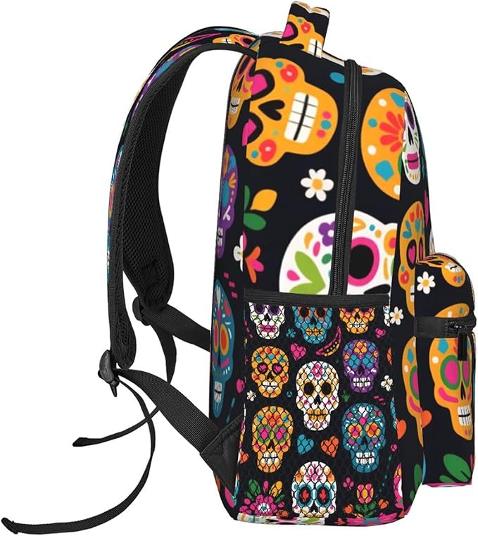 Men Women Polyester Mexican Sugar Skulls Backpack Large Capacity Bookbag With Smooth Zippers for Climbing Picnic Bicycle