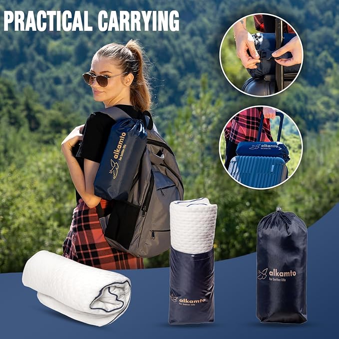 alkamto Travel & Camping Comfortable Memory Foam Pillow – Easy to Carry Portable Bag – Temperature Regulating Pillow Case (White + Extra Cover)