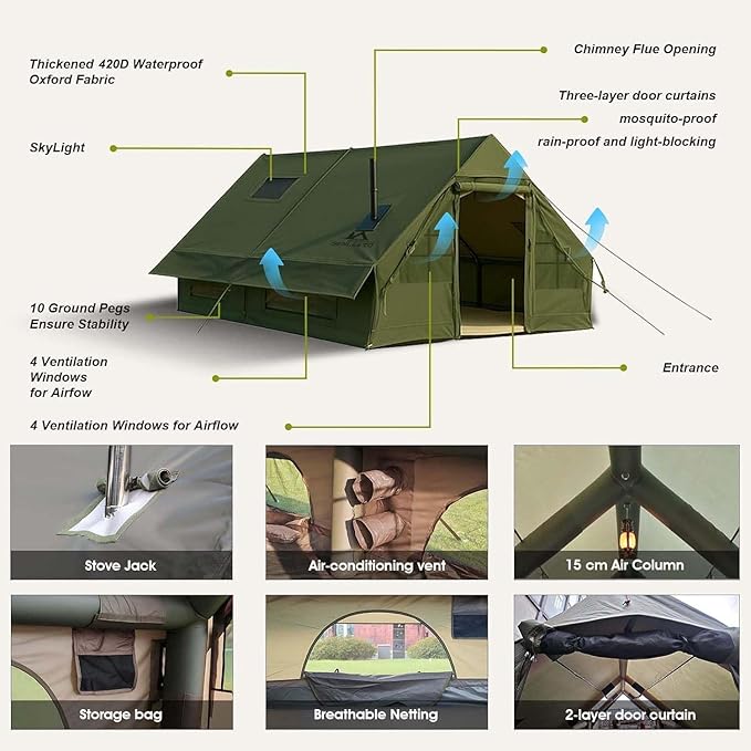 Inflatable Camping Tents 8-10 Person,129 Square Feets Large Inflatable Camping Tent with Stove Jack,Blow up Tent with Mesh Windows & Pump