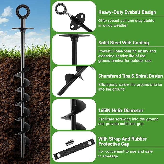 Ground Anchors Screw in - Heavy Duty Trampoline Anchors/Stakes for High Wind, 4 Pack Earth Anchor Kit with Straps and Wrenches for Swing Set, Trampolines, Shed, Mobile Home, Carport, Gazebo