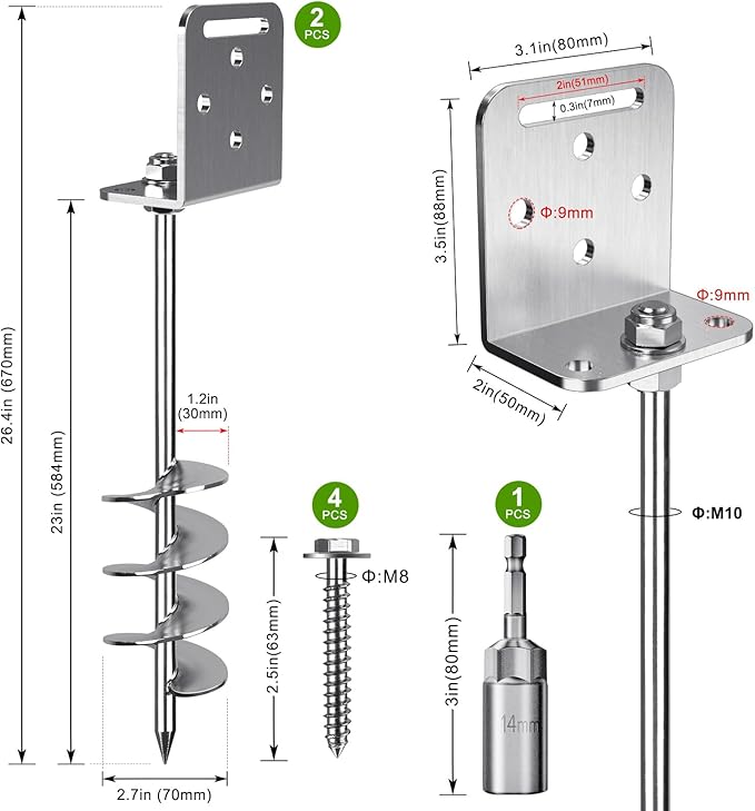 2/4/6 Pack 18" 24" Screw in Trampoline Ground Anchors 2.7" Wide Spiral Mobile Home Earth Anchor Stakes Set with Versatile L Bracket Swingset Anchors for Playset, Fence, Tent, Shed, Canopy, Carport
