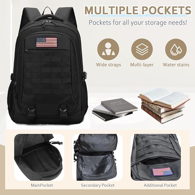 Tactical Backpack - 19'' Waterproof School Bag for Kids, 15.6" Laptop Compartment & MOLLE Webbing for Camping Hiking Travel
