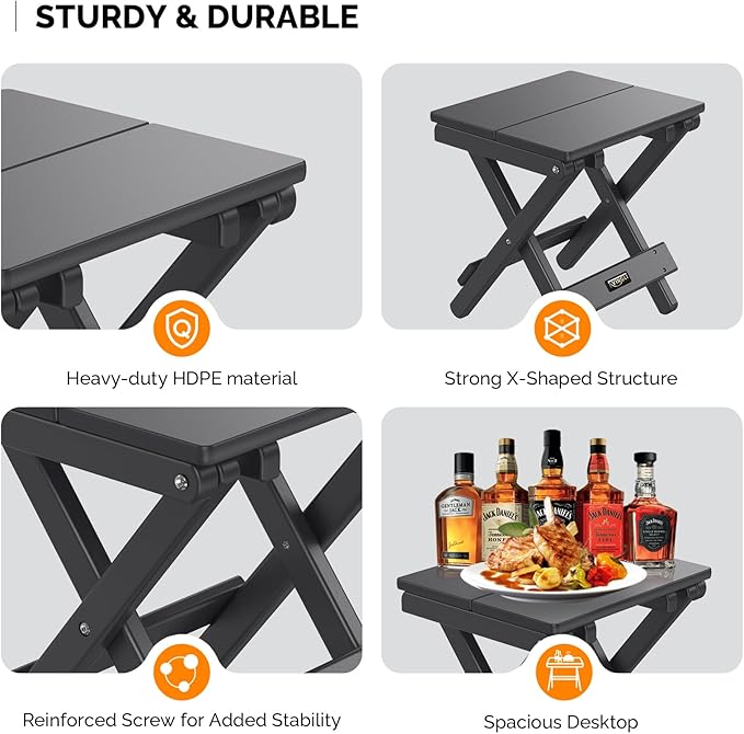 VINGLI Small Folding HDPE Side Table, Plastic Waterproof Portable Adirondack Coffee End Tables, All Weather for Patio, Backyard, Pool, Indoor Use, Black