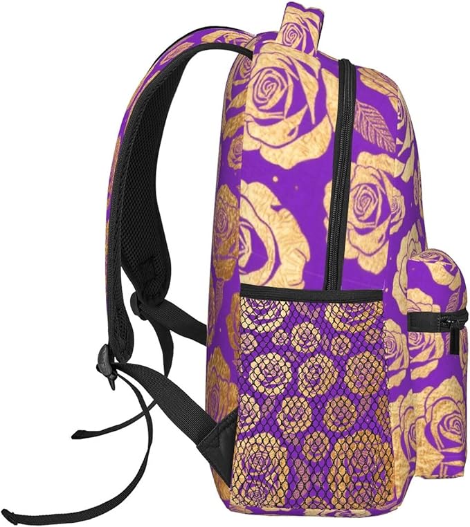 Men Women Lightweight Purple Gold Rose Art Backpack Large Capacity Carry On Bag With Padded Straps for Sports Work Walking Cycling