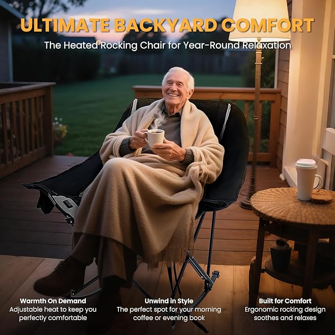 Begonia.K Oversized Heated Rocking Camping Chair - 400lbs Capacity Padded Camping Recliner w/ 3 Levels Back Seat Heat - Folding Lawn Chair with Side Pockets for Camp Patio Backyard