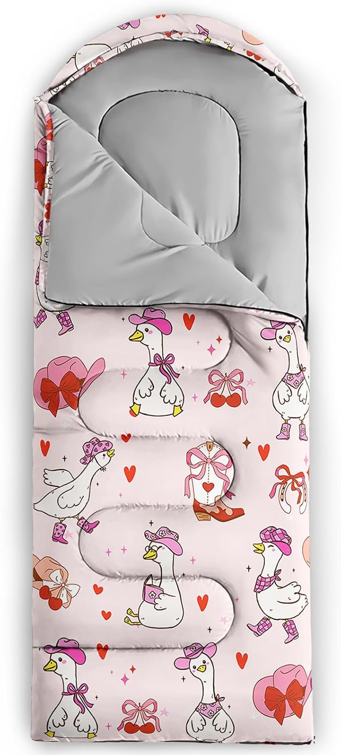 AILONEN Girls Pink Camping Sleeping Bags,Lightweight & Waterproof,3 Season Warm & Cool Weather,Cute Bow Duck Print Sleeping Bags for Kids,Girls,Adults Travelling,Outdoors