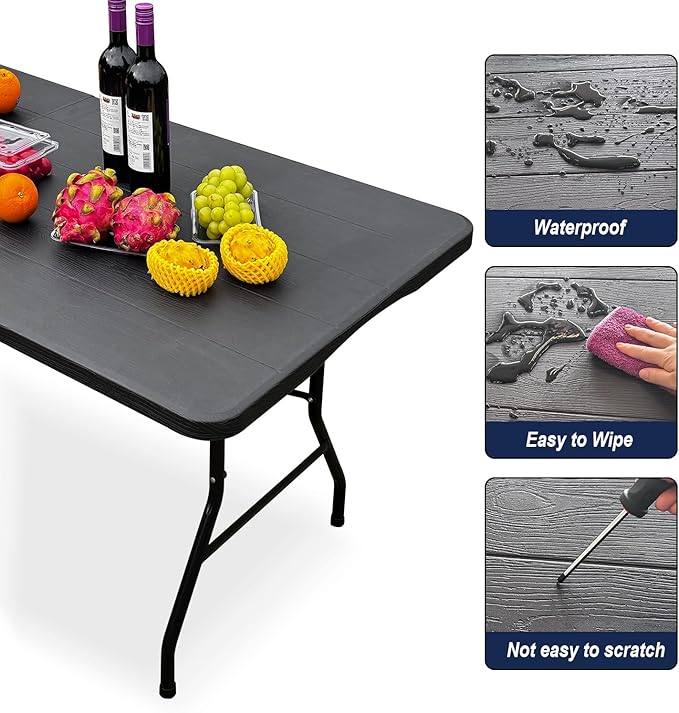 70.8" W X 29" D X 29" H - 6 ft Folding Table Black Wood Grain Portable Heavy Duty Plastic Fold-in-Half Utility Foldable Table for Camp，Picnic & Party