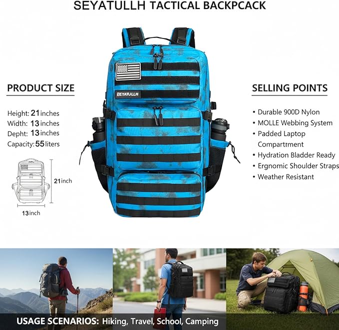Military Tactical Backpack 55L for Men & Women Bug Out Bag Assault pack Molle Daypack Hiking Trekking Rucksack (Blue tie dye)