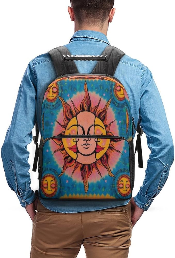 Polyester Daypack for Camping Travel Walking Cycling, Big Capacity Anti-Theft Multipurpose Bookbag, Sun And Moon Art Camping Outdoor Backpack
