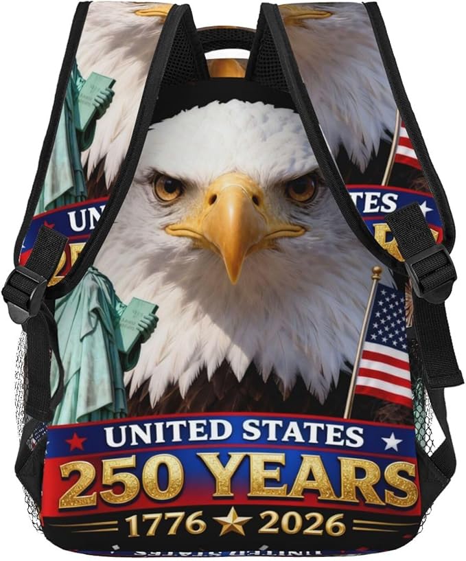 Men Women Polyester USA 250th Anniversary America Patriotic Art Daypack Big Capacity Shoulder Bag With Adjustable Shoulder Straps for Camping Travel Walking Cycling