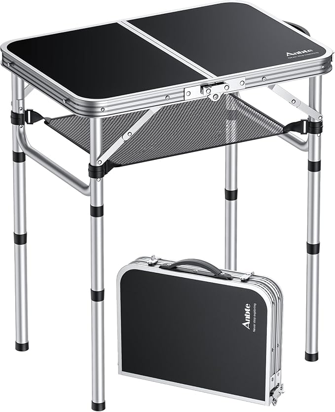 2ft Camping Table Foldable, 3 Adjustable Heights 26.3" Aluminum Small Folding Table with Storage Net, Lightweight, Portable Handle for Travel Outdoor Beach Picnic, 23.2" x 16", Black