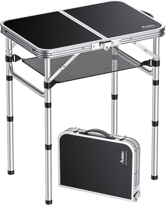 2ft Camping Table Foldable, 3 Adjustable Heights 26.3" Aluminum Small Folding Table with Storage Net, Lightweight, Portable Handle for Travel Outdoor Beach Picnic, 23.2" x 16", Black
