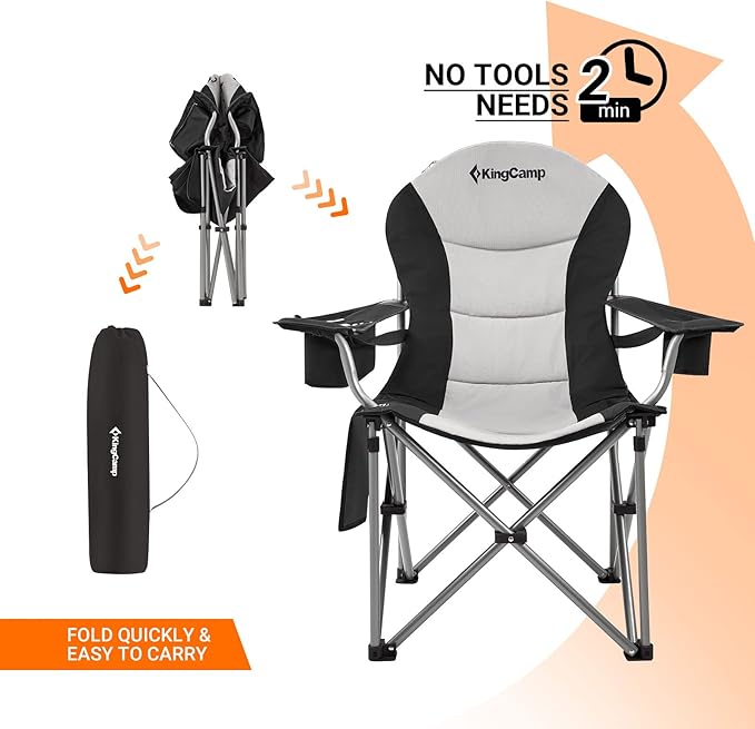 KingCamp Folding Portable Camping Chairs Oversized Padded Quad Arm Chair with Cooler Bag, Cup Holder and Side Pocket, Heavy Duty Supports 300 lbs for Outdoor, Lawn, Fishing, Sports