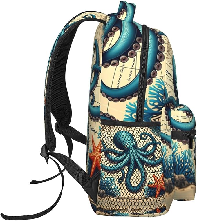 Rucksack Anti-Theft Multipurpose Big Capacity Carry On Bag, Retro Octopus Art Traveling Camping Backpack With Side Pockets