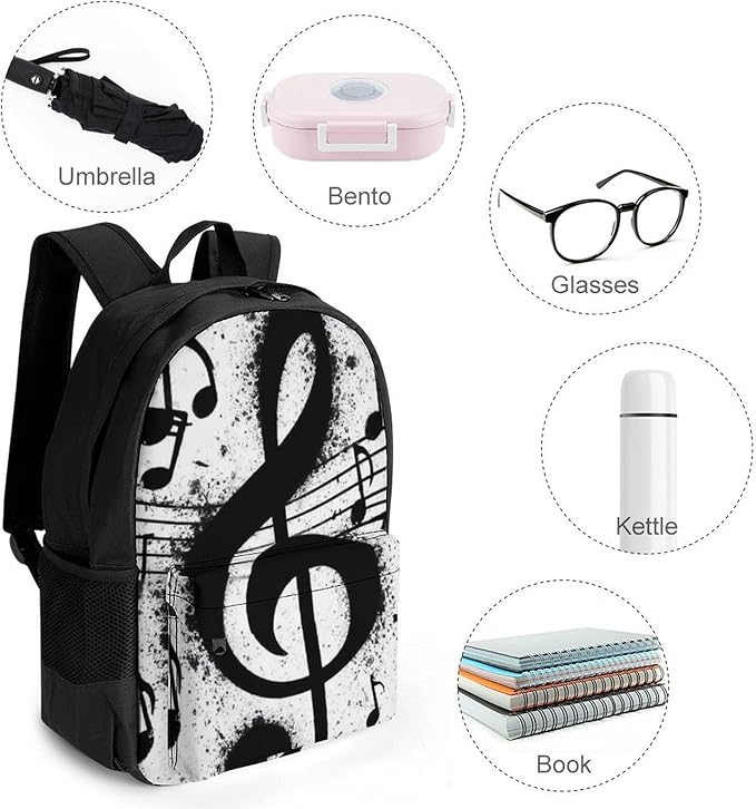 Lightweight Rucksacks for Camping Picnic Walking Cycling, Large Capacity Multipurpose Anti-Theft Carry On Bag, Gunge Black And White Music Notes Travel Hiking Camping Rucksack