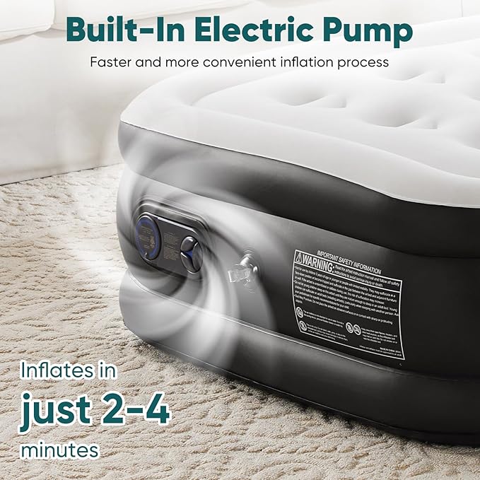 Sweetcrispy Queen Air Mattress - 16" Inflatable Blow Up Airbed with Built-in High Capacity Pump, Double Height, Non-Slip Bottom Design, Weight Capacity 660 lbs Air Bed for Home or Camping