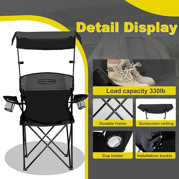 YOUNG WOOD Portable Camping Chair Beach Chair with Shade Canopy, Fold Lightweight Oversized for All, Easy to Open and Close Without Installation, Side Pocket Design for All Outdoor Activities,Black,2p