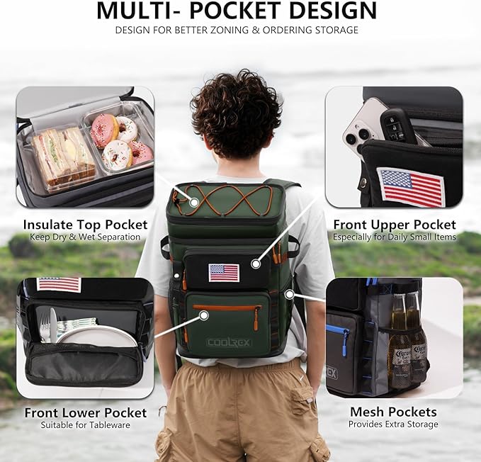 Large Backpack Cooler 36 Can Cooler Backpack with 2 Insulated Compartments Leak Proof Waterproof Travel Backpack, Camping Beach Picnic Lunch Thermal Bag for Women and Men (Green)