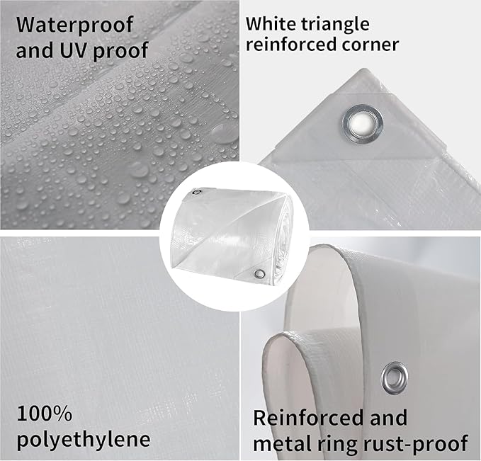 TARPAL 8'x10' White Tarp Waterproof 7.5 mil Medium Duty All Purpose Poly Tarps Cover Waterproof,Snow Proof UV Protection,Rip and Tear Proof,Poly Tarpaulin