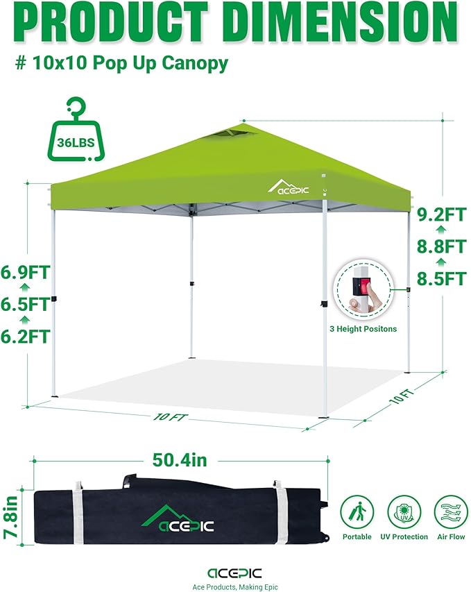 10x10 Pop Up Canopy Tent,300D Silver-Coating Top,Pop Up Canopy Tent Instant Portable Shelter with 1-Button Push and Wheel Carry Bag, 8 Stakes and 4 Canopy Weights (Radiant Green, 10x10)
