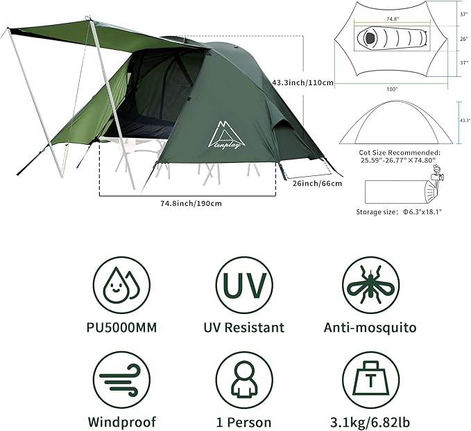 TENPLAY Cot Tent,Camping Tent,Backpacking Tent,3 Way Tent,Solo Tent,1 Person,Quick Setup,70D Nylon,pu5000mm,UV Cut,7001 Aluminium,Ultralight,Compact,Outerdoor,Hiking,Travel,Mountaineering