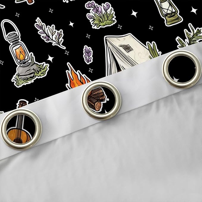 Feelyou Black Camping Camper Curtains for Bedroom Living Room Campfire Music Guitar Blackout Darkening Drapes Happy Camping Window Treatments, 2 Panels 52 x 63 Inch Room Decor
