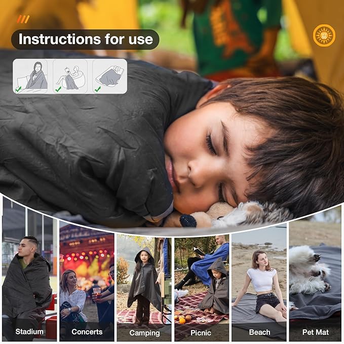 DUKUSEEK Hooded Stadium Blanket for Kids, Small Waterproof Outdoor Blankets with Fleece Linner, Kids Outdoor Wearable Blanket for Sporting Events, Camping, Picnic, Games, Stadium, 56x28