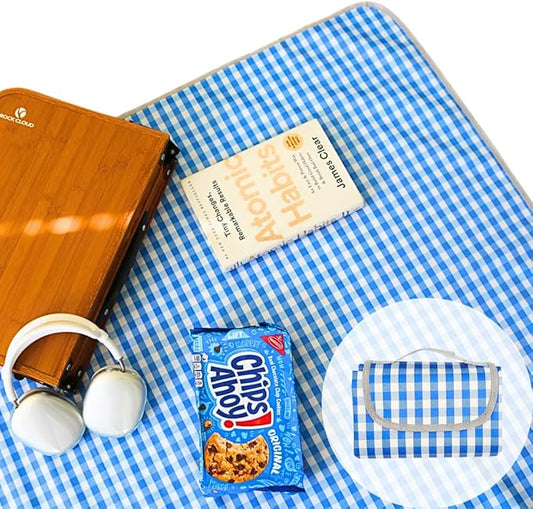 Cute Gingham Picnic Blanket, Waterproof Foldable, in Large 80x60in and Extra Large 80x80in, Portable Compact Beach Blanket, Oversized XL Outdoor Mat (Blue, X-Large)