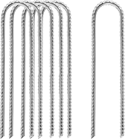 12 Inch Rebar Stakes Heavy Duty, 6 Pack Garden Stake U-Hook, Galvanized Rust Proof Metal Stakes for Tent, Landscape,Outdoor Decorations, Fabric Ground Cover, Tube Fixing (Silver, U-12in-6pc)