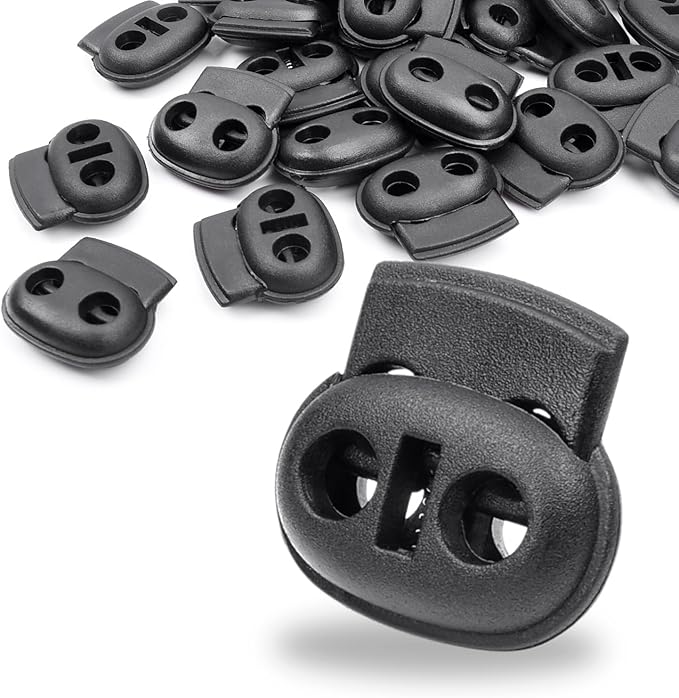 25 Pack Plastic Small Spring Cord Lock for Drawstring Replacement, Elastic Shoelaces Clip Double Hole Paracord Toggle Stopper for Sweatpants Flashlight Glove Hats Hoodie String Lock