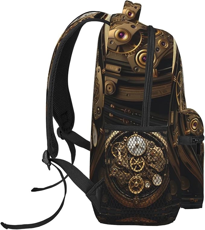 Men Women Lightweight Cool Steampunk Gears Art Daypack Bookbag Big Capacity Carry On Bag With Side Pockets for Camping Travel Bicycle