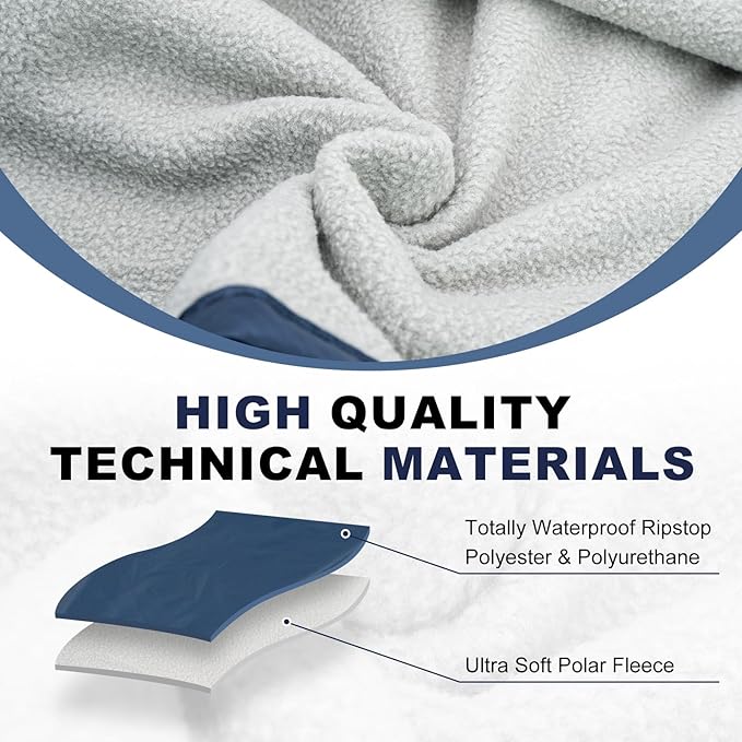 Fleece Waterproof Outdoor Blanket - Windproof Stadium Blanket for Camping, Picnics, and Sports Stay Dry and Comfortable 80"x 58"(Hoodeed, Blue)