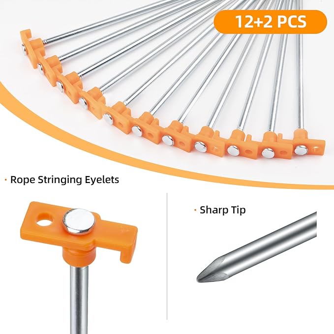 Tent Stakes Heavy Duty Camping Stakes,AVOFOREST 7.1/9.8inch Non-Rust Metal Tent Pegs Ground Stakes Tent Spikes Camping,Garden,Hiking Green/Orange/Black (Orange 12+2pcs, 10IN)