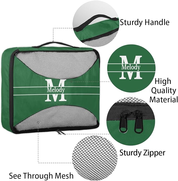 Custom Name Compression Packing Cubes Luggage Organizer Bags for Travel, Forest Green with Initial Letter Double Zipper Packing Cubes for Suitcases for Men Boys