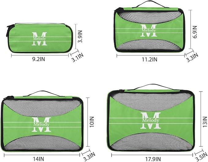 Personalized Packing Cubes, Set of 4 with Zipper Handles for Women Boys, Custom Name Travel Suitcases Luggage Packing Organizers, Lime Green Background with Initial