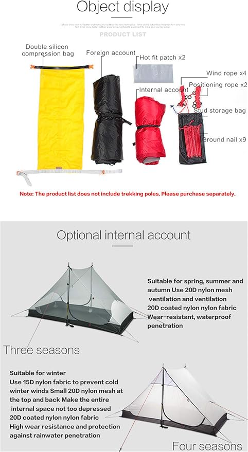 3F UL GEAR Lanshan 2 Person Tent Hiking Ultralight Camping Tent Professional 15D Silnylon Rodless Trekking Pole Tent Waterproof Backpacking Outdoor for Camping, Bivvy