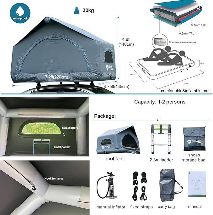 2 Person Inflatable Car Roof Top Tents with Pump and Awning,4 Season Waterproof and Sun Resitant Camping Dome Roof Top Tent Camping Tent for SUV, Truck and Universal Car,Easy Setup