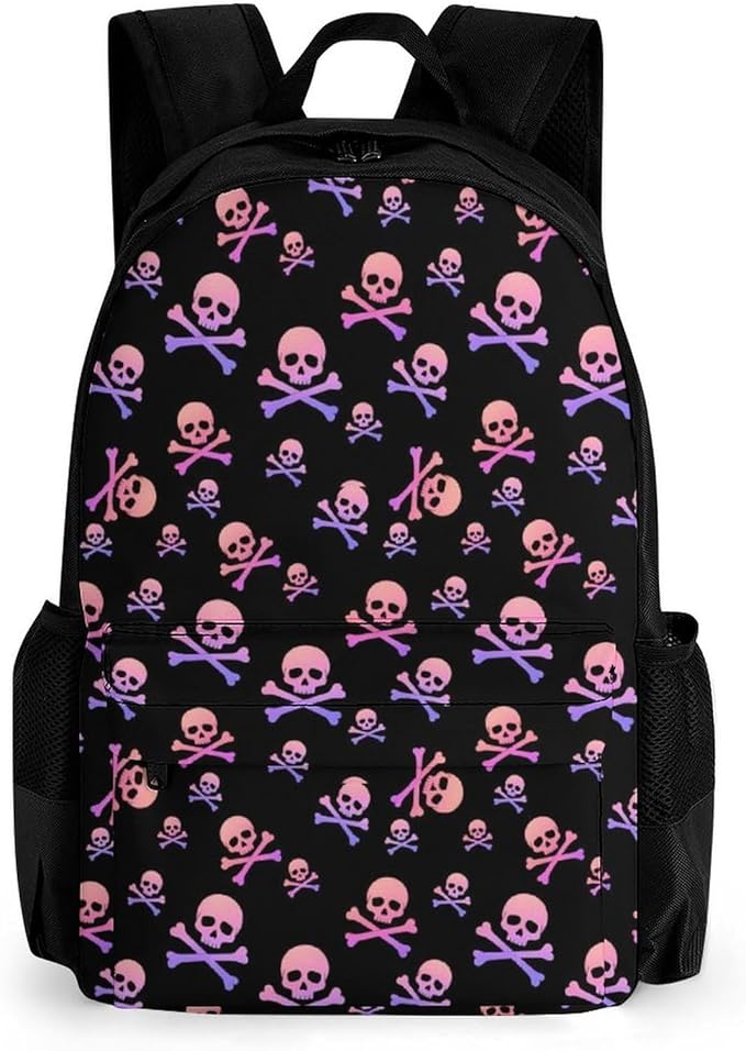 Polyester Daypack for Hiking Work Running, Big Capacity Anti-Theft Multipurpose Shoulder Bag, Purple And Pink Crossbones Skull Travel and Sport Backpack Rucksack