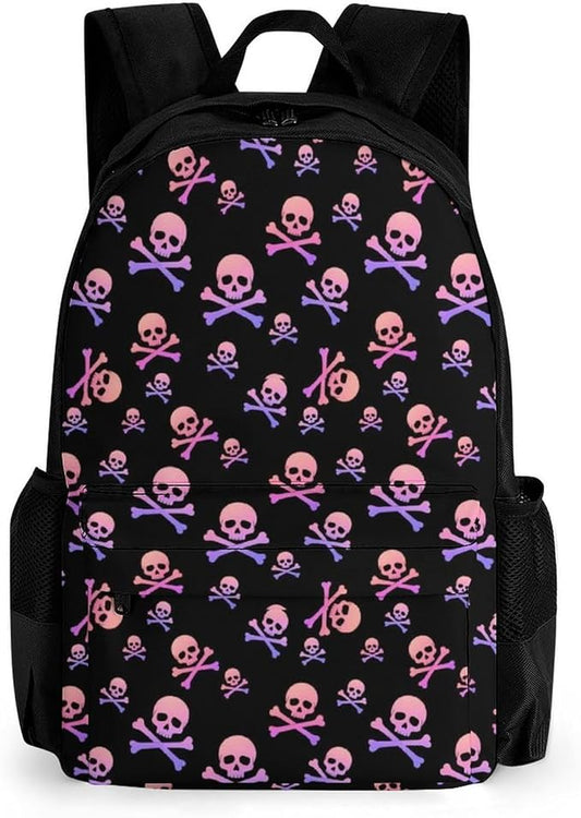 Polyester Daypack for Hiking Work Running, Big Capacity Anti-Theft Multipurpose Shoulder Bag, Purple And Pink Crossbones Skull Travel and Sport Backpack Rucksack