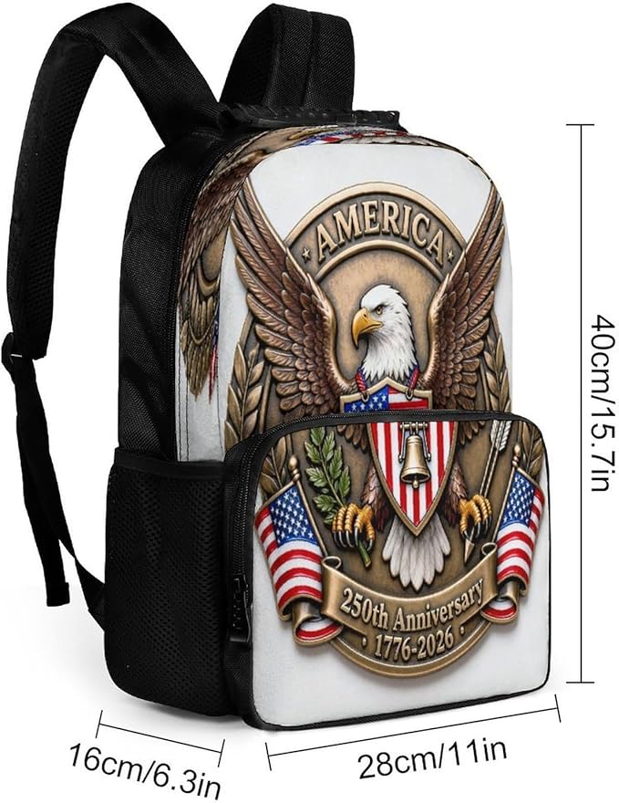 Men Women Lightweight 250 Years 1776-2026 250th Birthday Eagle Liberty Art Backpack Large Capacity Bookbag With Smooth Zippers for Gym Business Running