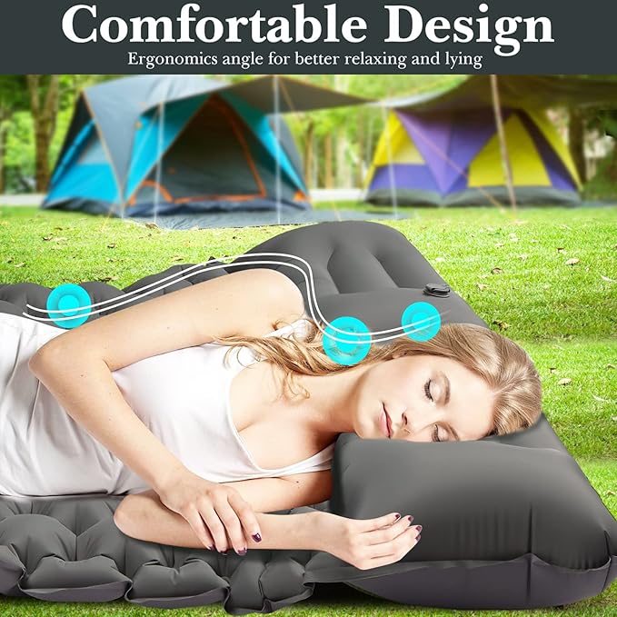 Double Sleeping Pad Camping, Self Inflating 4'' Extra-Thick 2 Person Pillow Built-in Foot Pump Waterproof Inflatable Sleeping Mat Backpacking, Tent, Hiking, Portable Camping Pad (Grey-Full)