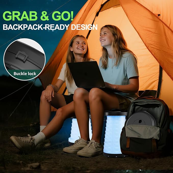 Collapsible Camping Stool with Lights (5 Colors, 3 Modes), Holds up to 400 lbs & Adjustable Height (10 Levels), Portable Folding Chair Stool Seat for Fishing, Parties, Hiking, Travel, Outdoor Events